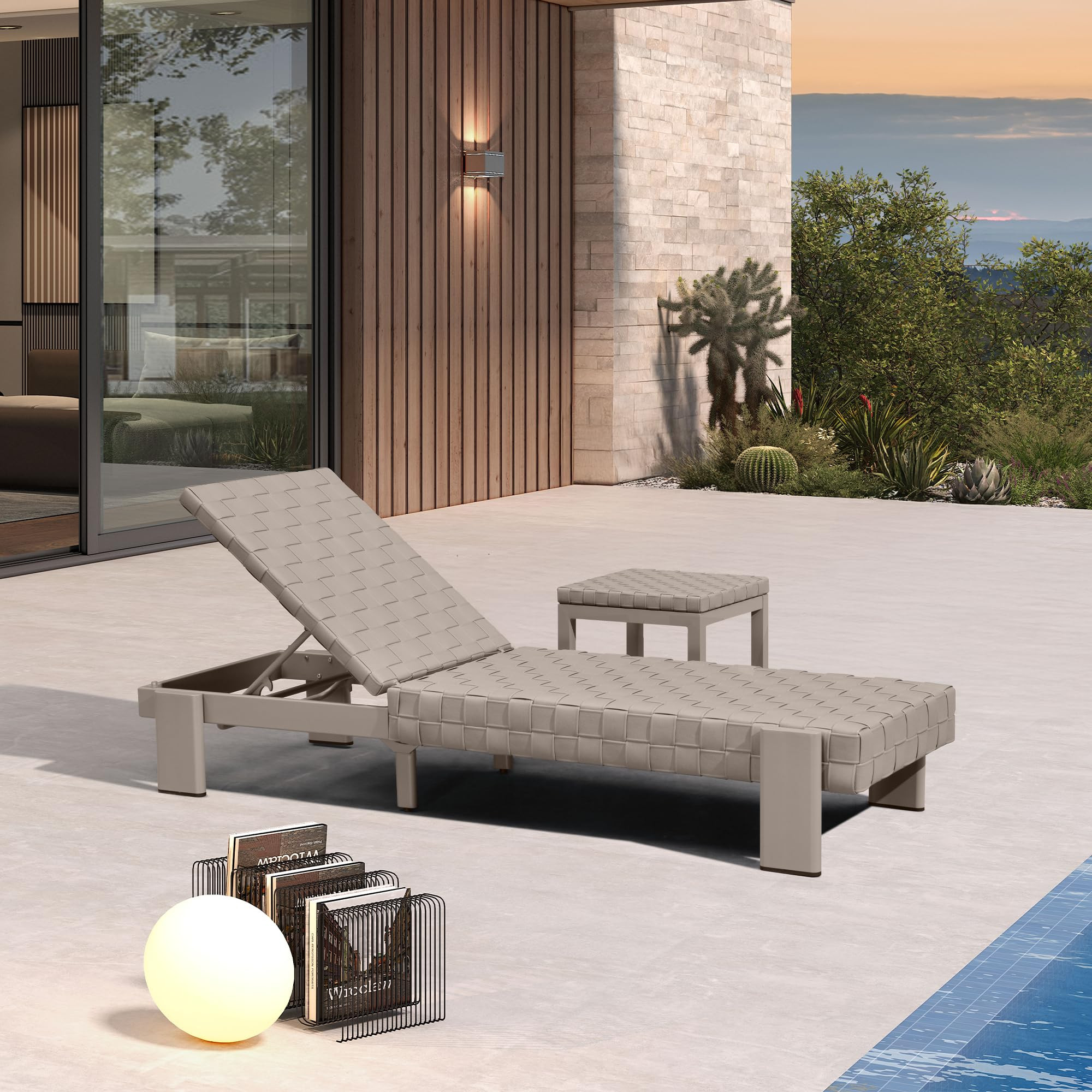 PURPLE LEAF Patio Lounge Chair Modern Outdoor PU Leather Style Chaise Lounge 1 Piece with Side Table Adjustable Backrest Aluminum Luxury Chaise Lounge Chairs for Pool Garden Backyard Beach, Tapue | Amazon (US)