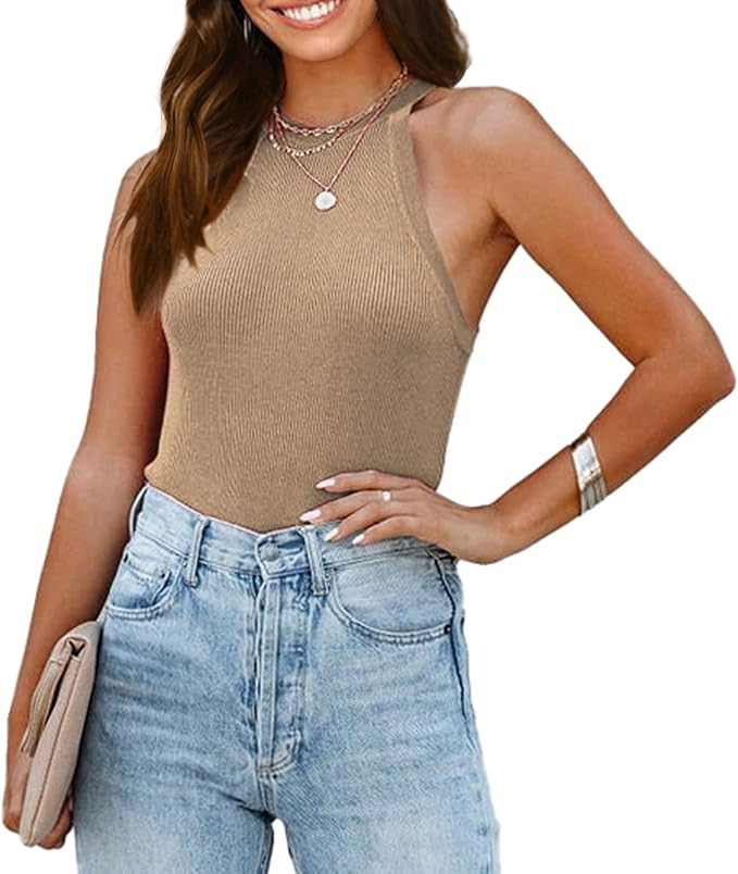 KIRUNDO Women's Casual Sleeveless Halter Tops Solid Crew Neck Cami Tank Tops Ribbed Knit Slim Fit... | Amazon (US)