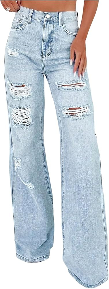 Floerns Women's Y2k Ripped Denim Pants High Waisted Bell Bottom Flare Leg Boyfriend Trousers | Amazon (US)
