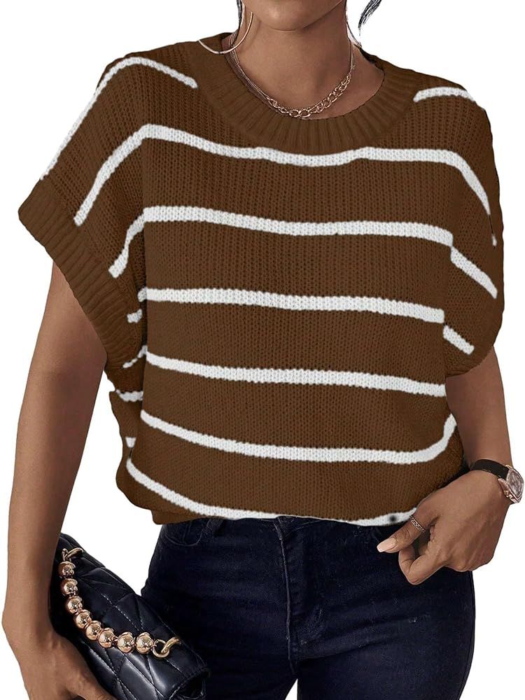 Milumia Women's Stripe Sweater Cap Sleeve Bat Wing Sweater Vest Crewneck Knit Top Pullover 2023 F... | Amazon (US)