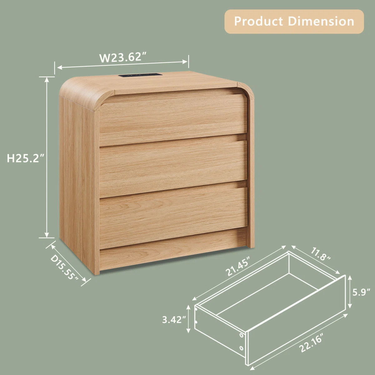 25" Tall Modern Nightstand with Charging Station, 23.6'' Wide Wood Bedside Table w/3 Storage Draw... | Wayfair North America