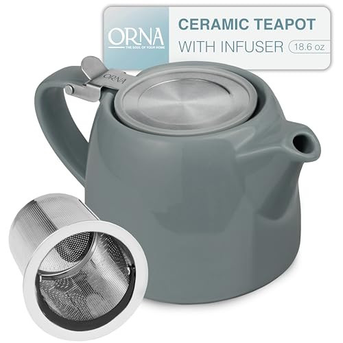 ORNA Ceramic Teapot with Tea Infuser – Small Tea Pot for Loose Leaf Tea – 550ml / 18.6 Oz Porcelain Non-Stove Teapot for 2 Cups with Tea Strainer (Grey) | Amazon (US)