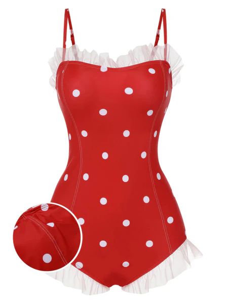 Red 1950s Mesh Polka Dot Swimsuit | Retro Stage