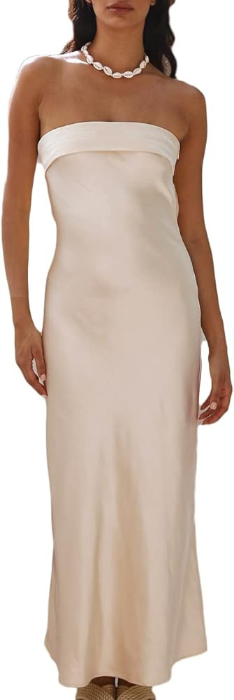Realtix Satin Silk Backless Tube Tops Maxi Dress for Women Low Back Hollow Out Elegant Strapless ... | Amazon (US)