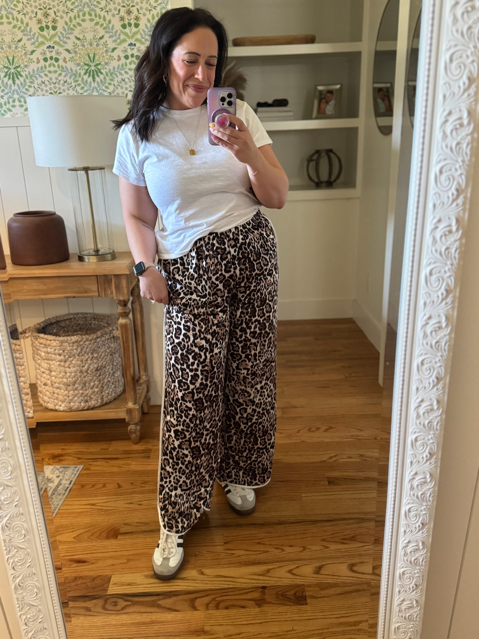 Loving these pants from aerie! Wearing size large in both top and bottoms. 

adidas sambas, adidas sneakers, leopard pants, aerie pants, basic white tee 

#LTKFindsUnder50 #LTKMidsize #LTKFindsUnder100
