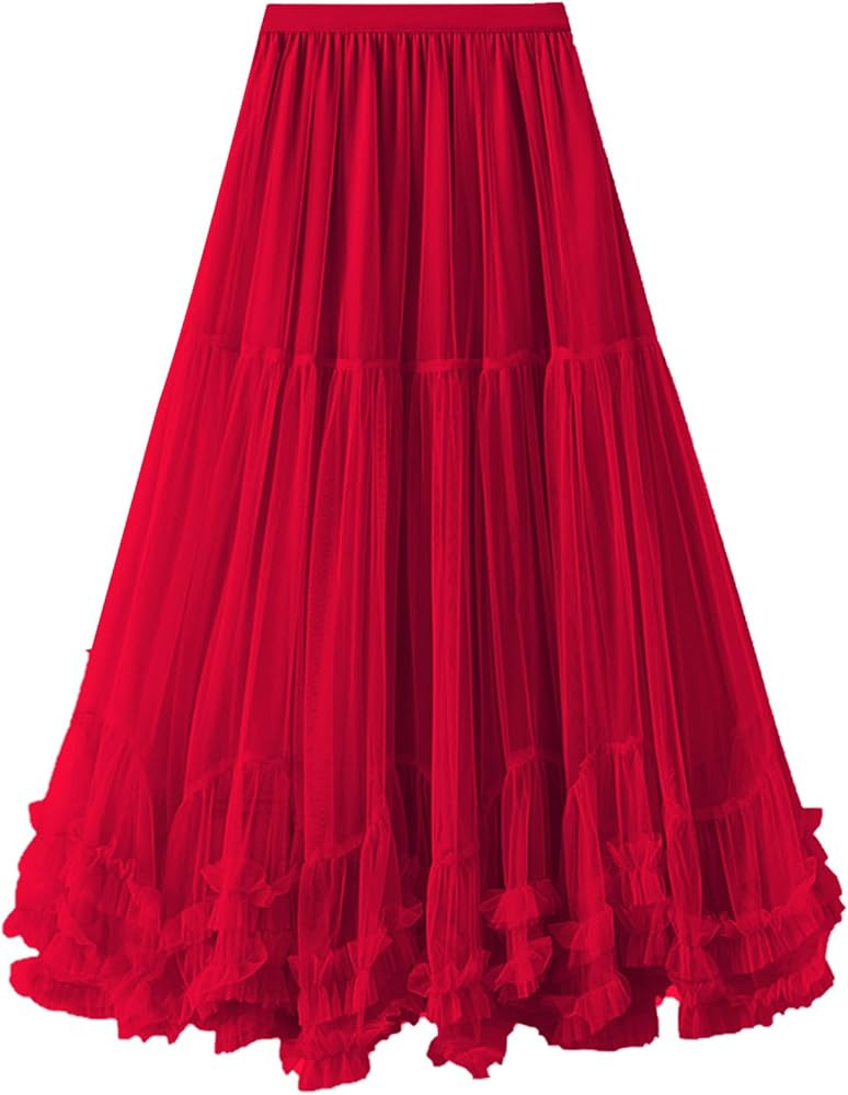 Flygo Women's Maxi Tulle Skirt Long Tiered A Line Mesh Tutu Fairy High Elastic Waist Pleated Laye... | Amazon (US)