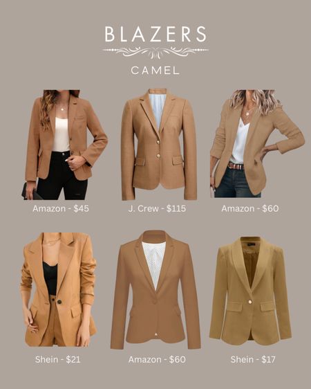 Camel blazers for your spring/summer capsule wardrobe!

Brands include: Amazon, SHEIN, J.Crew

#LTKSeasonal #LTKfindsunder50 #LTKstyletip