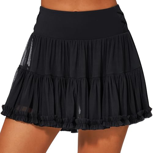 Stelle Women's Pleated Tennis Skirts High Waisted Ruffle Mini Skirt with Pockets Inner Shorts for Athletic Sports Running(Black,M) | Amazon (US)