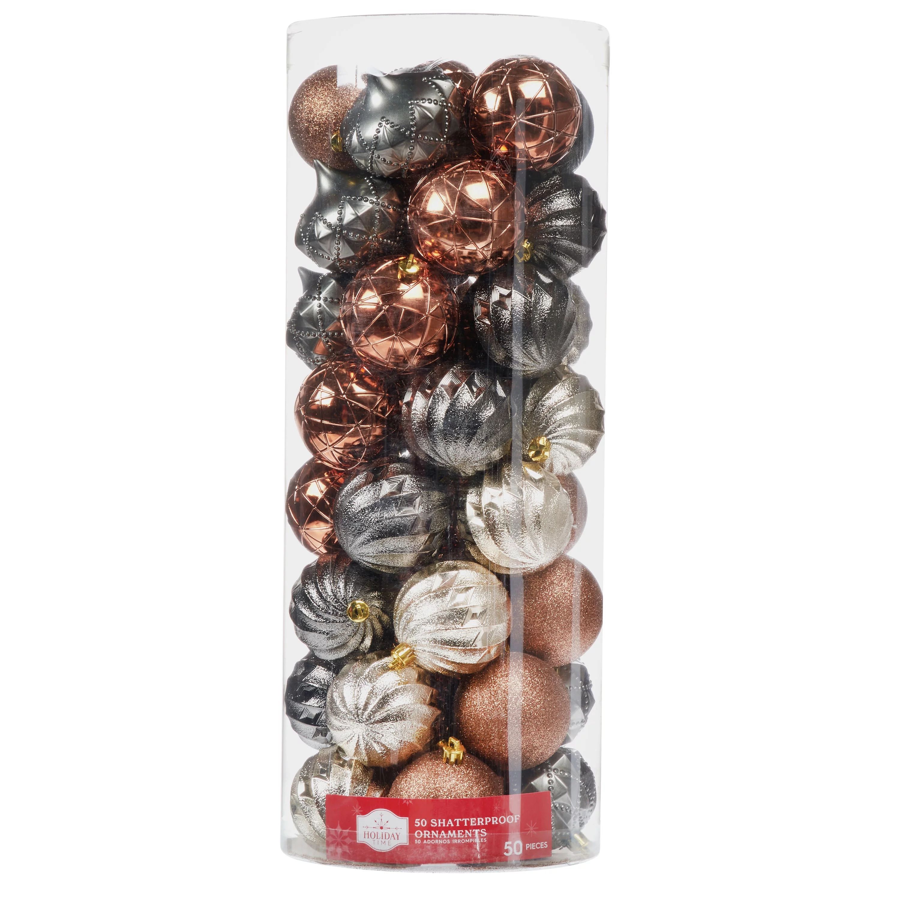 Holiday Time Copper and Gunmetal Shatterproof Christmas Ball Ornaments, 50 Counts | Walmart (US)