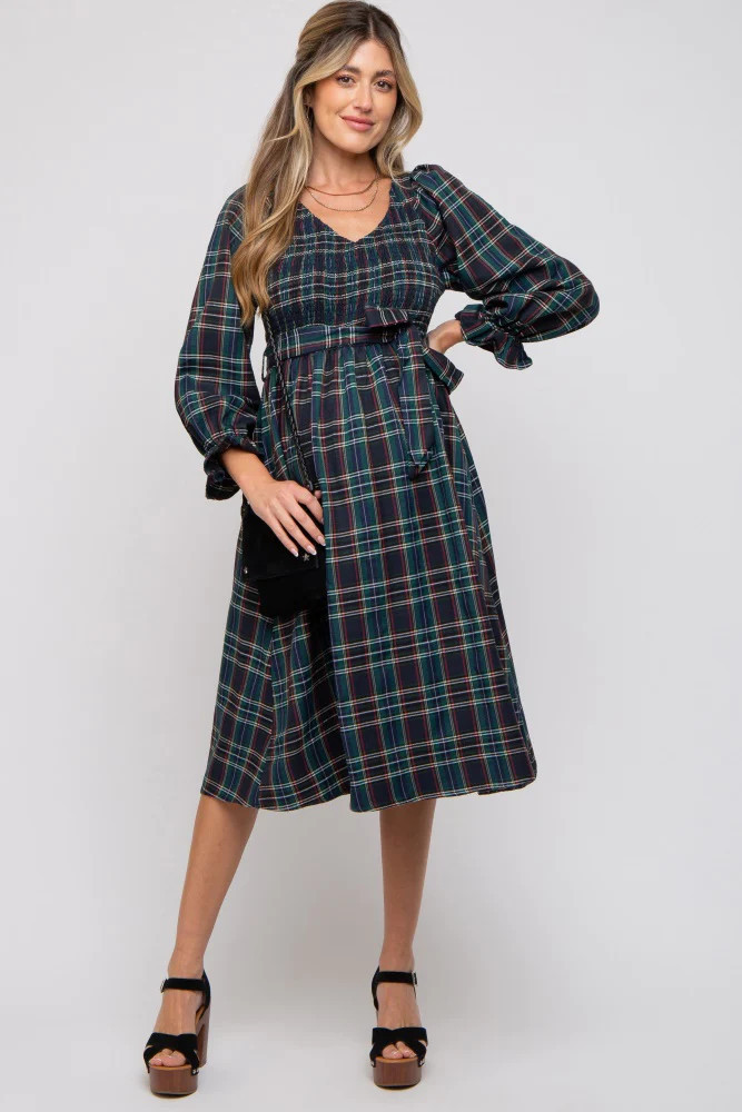 Forest Green Plaid Smocked A-Line Maternity Midi Dress | PinkBlush Maternity