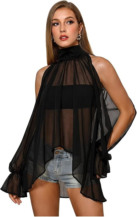 OYOANGLE Women's Summer Halter Oversized Mesh Sheer Party Going Out Tops | Chiffon Blouse, Dressy... | Amazon (US)