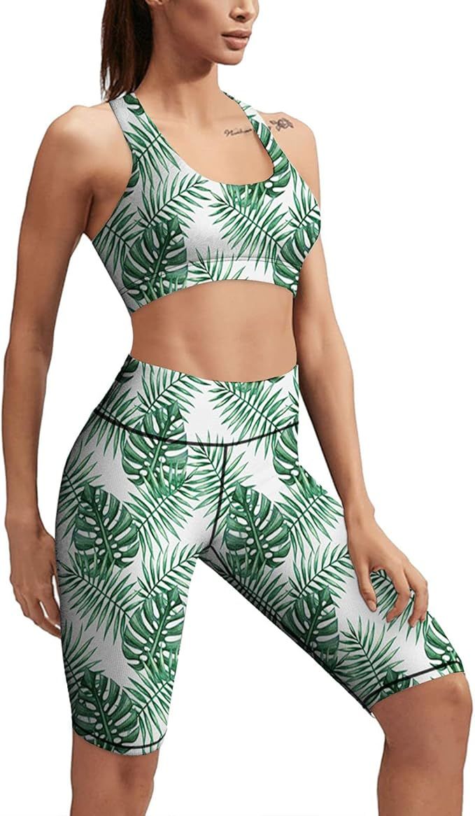 Palm Mango Banana Tree Leaves in Tropical Wild Safari Island Jungle Women Yoga Workout Set 2 Piec... | Amazon (US)