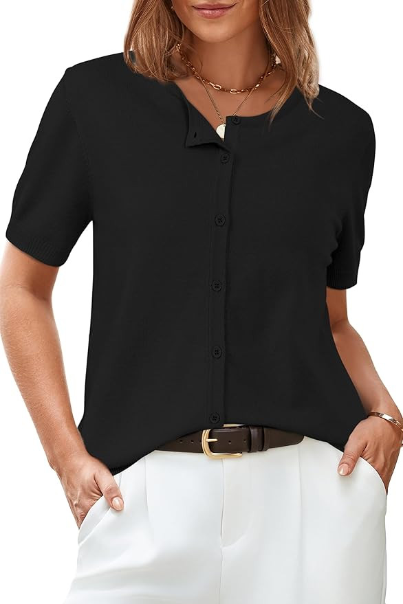 Arach&Cloz Women's Wool Blend Cropped Lightweight Short Sleeve Business Casual Cardigan Tops | Amazon (US)