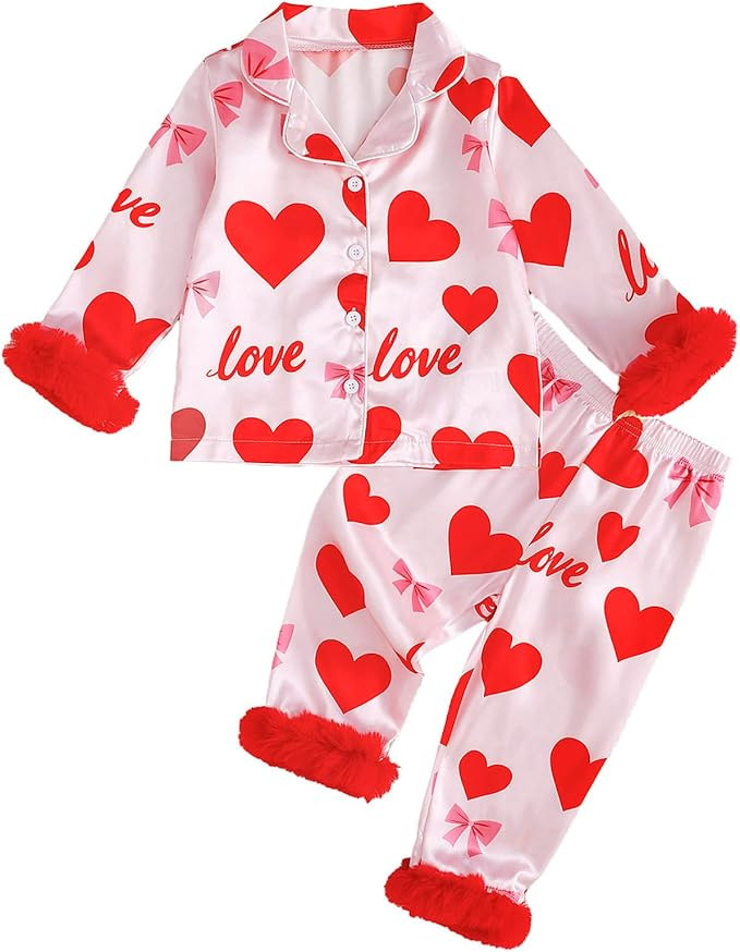 Kayotuas Kids Valentines Pajamas Girls Satin Pajama Set Toddler Heart Pjs Cute Button Down Shirt ... | Amazon (US)