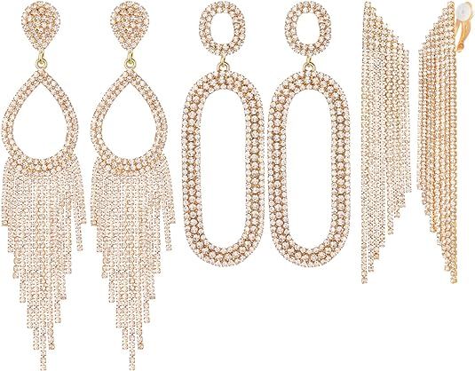3 Pairs Gold/Silver Clip on Earrings Set for Women Girls,Rhinestone Statement Long Tassel Teardro... | Amazon (US)