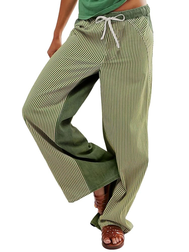 Low Rise Striped Pants for Women Pull On Drawstring Boho Wide Leg Jeans Trendy 2025 | Amazon (US)