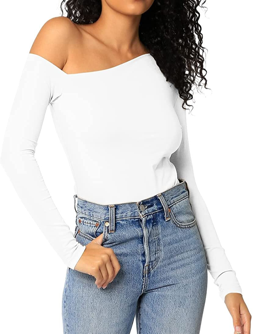 BONITEE Women's One Off Shoulder Tops Asymmetrical Neck Long Sleeve Slim Wrap Tee Shirt Blouse | Amazon (US)