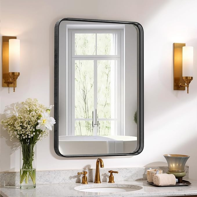 Bathroom Mirror 30x22 Inch Black Metal Framed Rounded Rectangle Vanity Mirror for Wall, Over Sink... | Amazon (US)