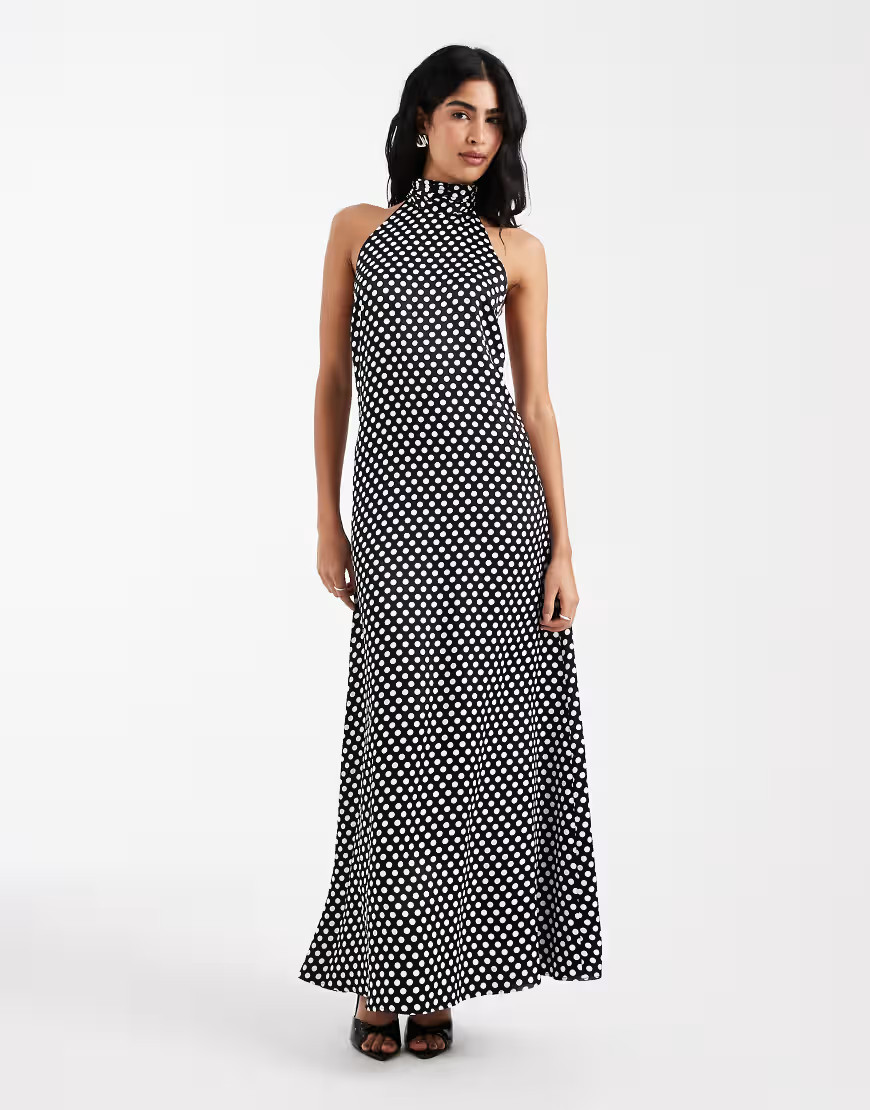 ASOS DESIGN satin halter low back maxi dress in polka dot-Multi | ASOS (Global)