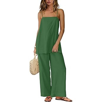 Yanekop Linen Sets for Women 2 Piece Pants Summer Outfits Matching Lounge Sets Spaghetti Strap Ta... | Amazon (US)