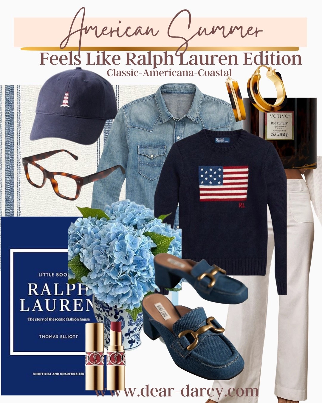 American Summer 
That coastal American vibe that feels like Ralph Lauren 

Mixing affordable and a little Ralph 

-Light house baseball cap 
-Denim shirt
-Ralph Lauren sweater 
-Tortoise shell and gold earrings 
-tortoise shell candle 
- denim shoe with horse bit detail 
-white jeans 
- Ralph Lauren 
-Ysl lip stick
-peepers 
- hydrangeas in blue and white ginger jar

#LTKootd #LTKgrwm