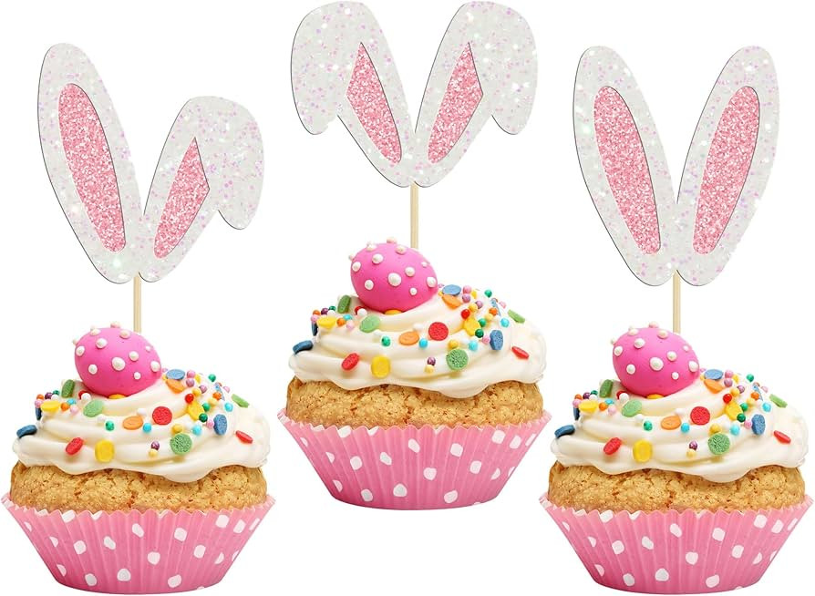 24Pcs Glitter Bunny Ears Cupcake Toppers Easter Rabbit Theme Happy Birthday Cupcake Picks for Bun... | Amazon (US)
