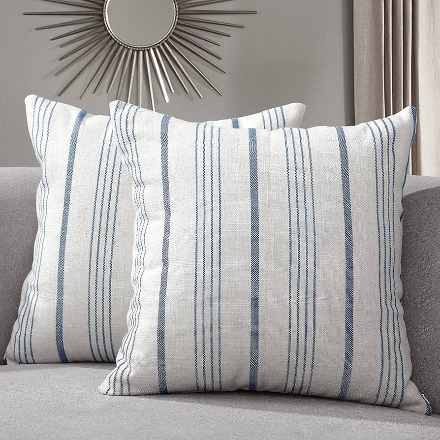 Sunlit Decorative Farmhouse Throw Pillow Case, Set of 2 Cream/Off-White with Blue Stripes Modern ... | Amazon (CA)