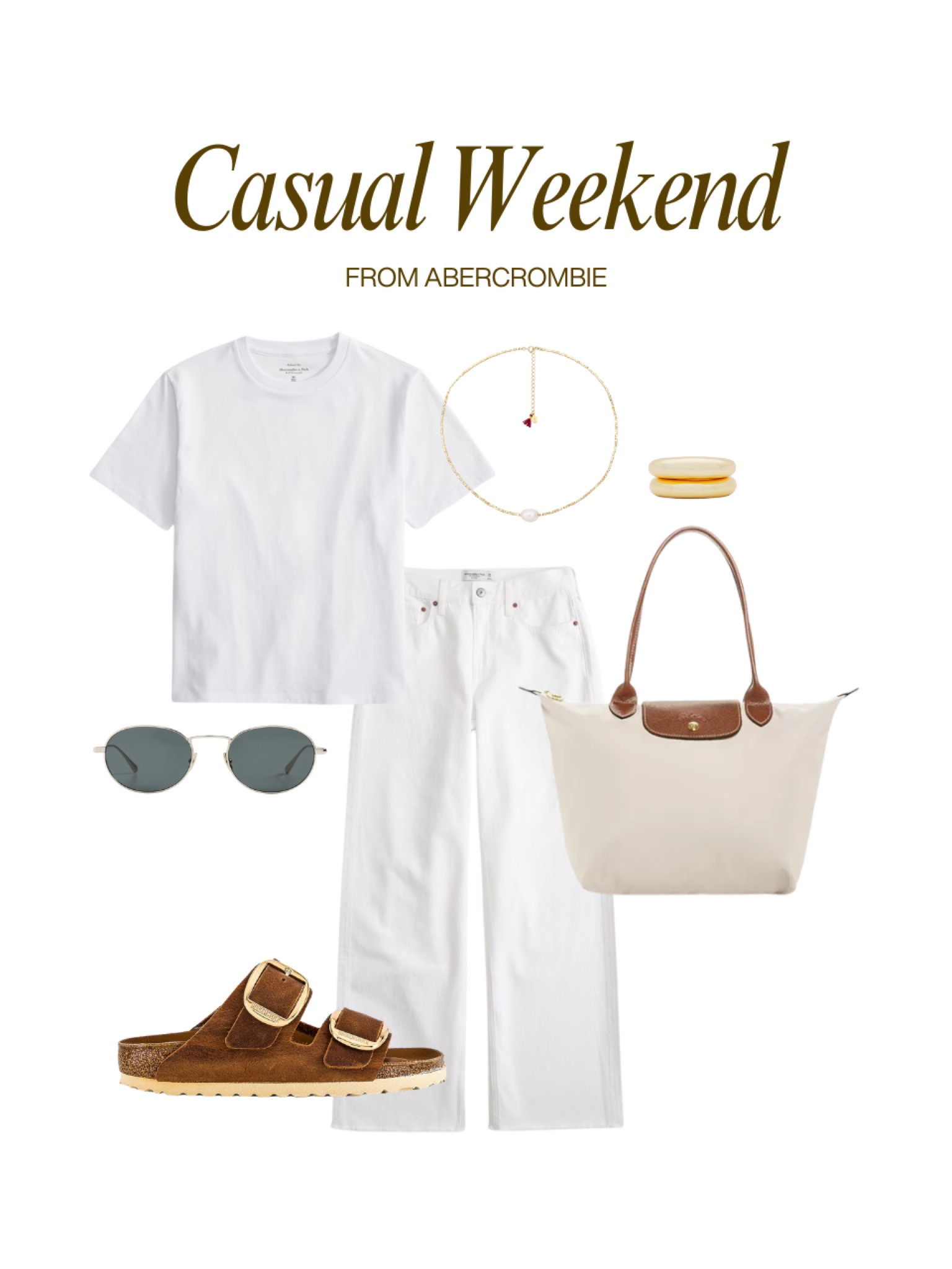 Casual weekend outfit idea from Abercrombie 🤍🫶🏼 white jeans, all white outfit, white tee, Birkenstocks, long champ tote, how to style, casual look, sunglasses 

#LTKFindsUnder100 #LTKFindsUnder50 #LTKSpringSale