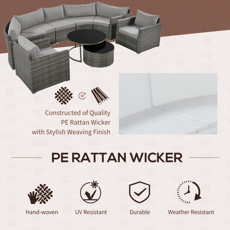 9 Piece Patio Furniture Set, Half-Moon Sectional Furniture Sofa Set with 2 Free Overlapping Table... | Walmart (US)