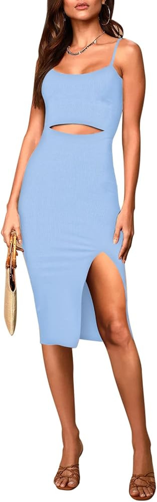 Pink Queen Women's Spaghetti Strap Cutout Side Slit Ribbed Knee Length Bodycon Midi Dress | Amazon (US)