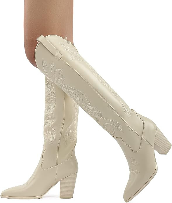 WIRALOMI Women Western Knee High Boots Embroidered Chunky Block Heel Cowboy Boots Pointed Toe Pul... | Amazon (US)