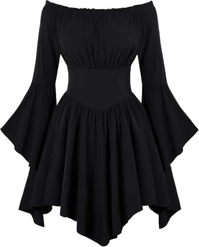 Scarlet Darkness Women Renaissance Costume Dress Off Shoulder Bell Sleeve Handkerchief Dress | Amazon (US)