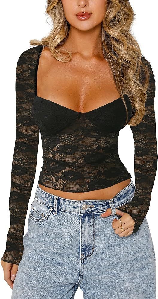 Women Lace Long Sleeve Shirt Top Y2K Slim Fit Crop Top Sexy Lace Low Cut Top Tee Club Streetwear | Amazon (US)