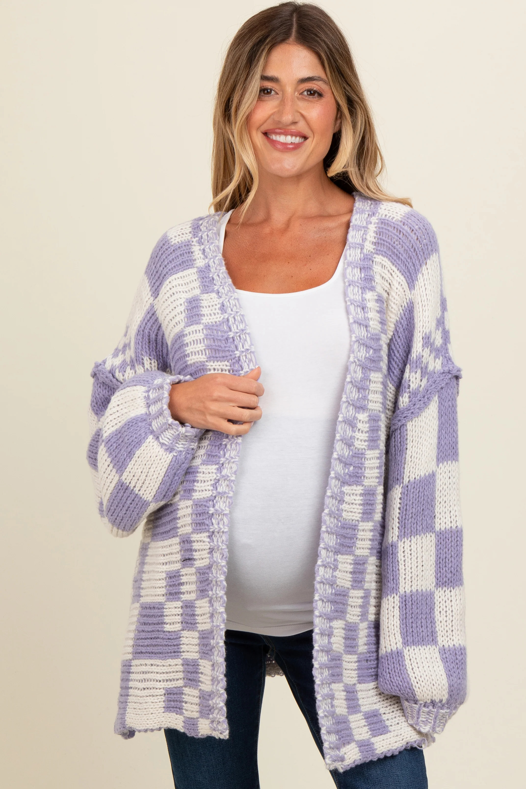 Lavender Mixed Check Pattern Chunky Maternity Cardigan - XL | PinkBlush Maternity