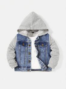 SHEIN Young Boy Contrast Color Hooded Casual Long Sleeve Denim Jacket And Coat | SHEIN