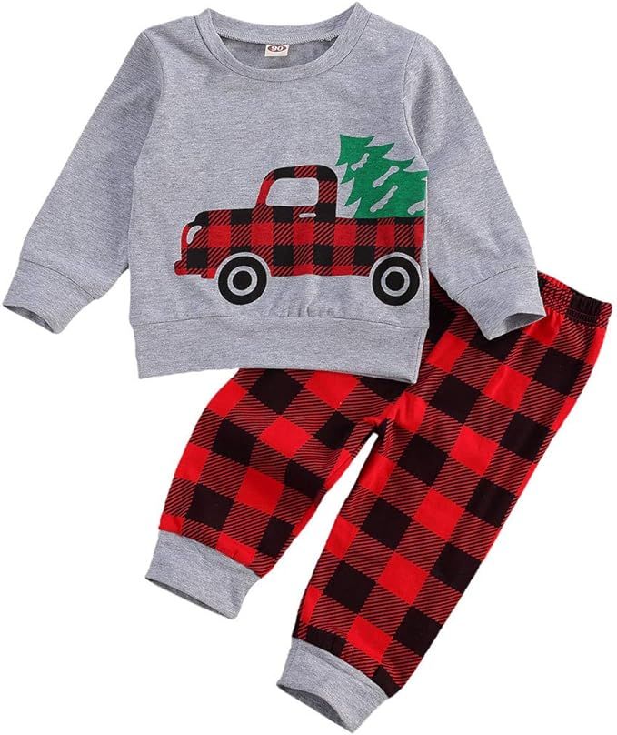 Arvbitana Toddler Baby Boy Girl Long Sleeve Cotton Plaid Pullover Sweatshirt+Trousers Two Piece O... | Amazon (US)