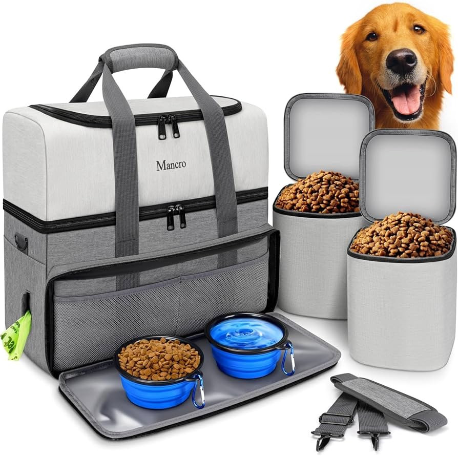 Mancro Dual Layers Dog Travel Bag, Pet Travel Bags with 2 Extra Large Food Containers, 2 Collapsi... | Amazon (US)