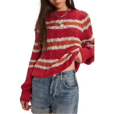 Free People Frankie Stripe Cable Stitch Cotton Sweater in Ivory Combo at Nordstrom, Size Small | Nordstrom