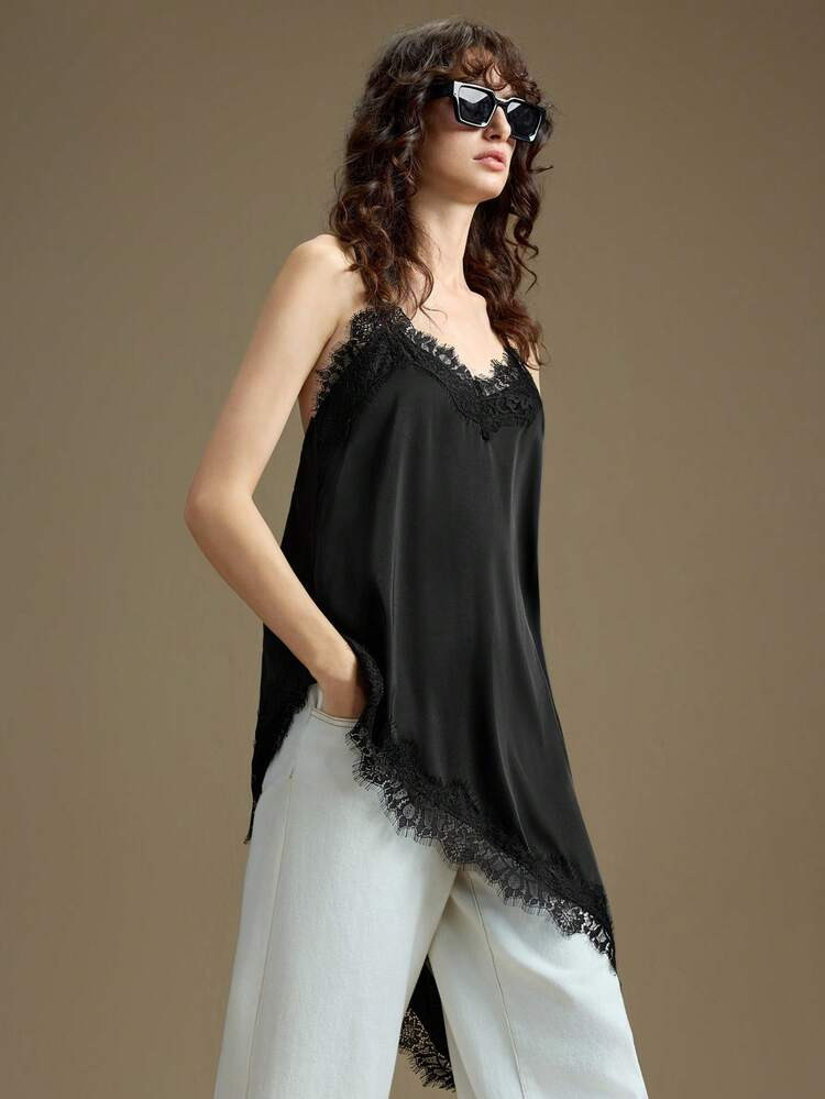 Ontre 2026ss Lace Women's Black Satin Stretchy Fabric Comfortable Asymmetric Hemline Spaghetti Strap Long Top, Modern Urban Casual Business Chic Office Wear, Old-Fashioned Cruise Attire For Wedding Guests, Christmas Evening New Year Atmosphere Holiday Party Modern Urban Casual Fashion Business Casual Women's Office Wear Low-Key Old Money Style Effortless Temperament High-End Urban Commuting High-Quality Airport Women's Wear High-End Material | SHEIN