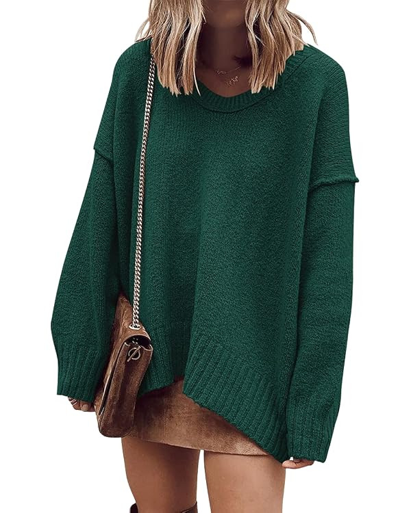 ANRABESS Women's Oversized Casual Loose Slouchy Scoop V Neck Batwing Long Sleeve Knit 2024 Fall P... | Amazon (US)