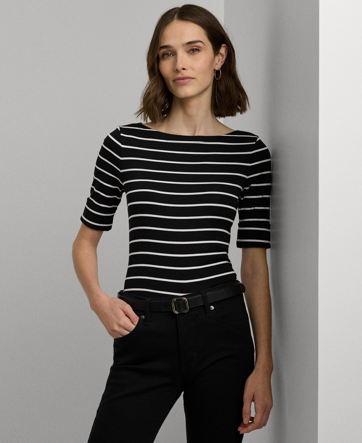 Lauren Ralph Lauren Striped Boatneck Top - White/Black | Macy's