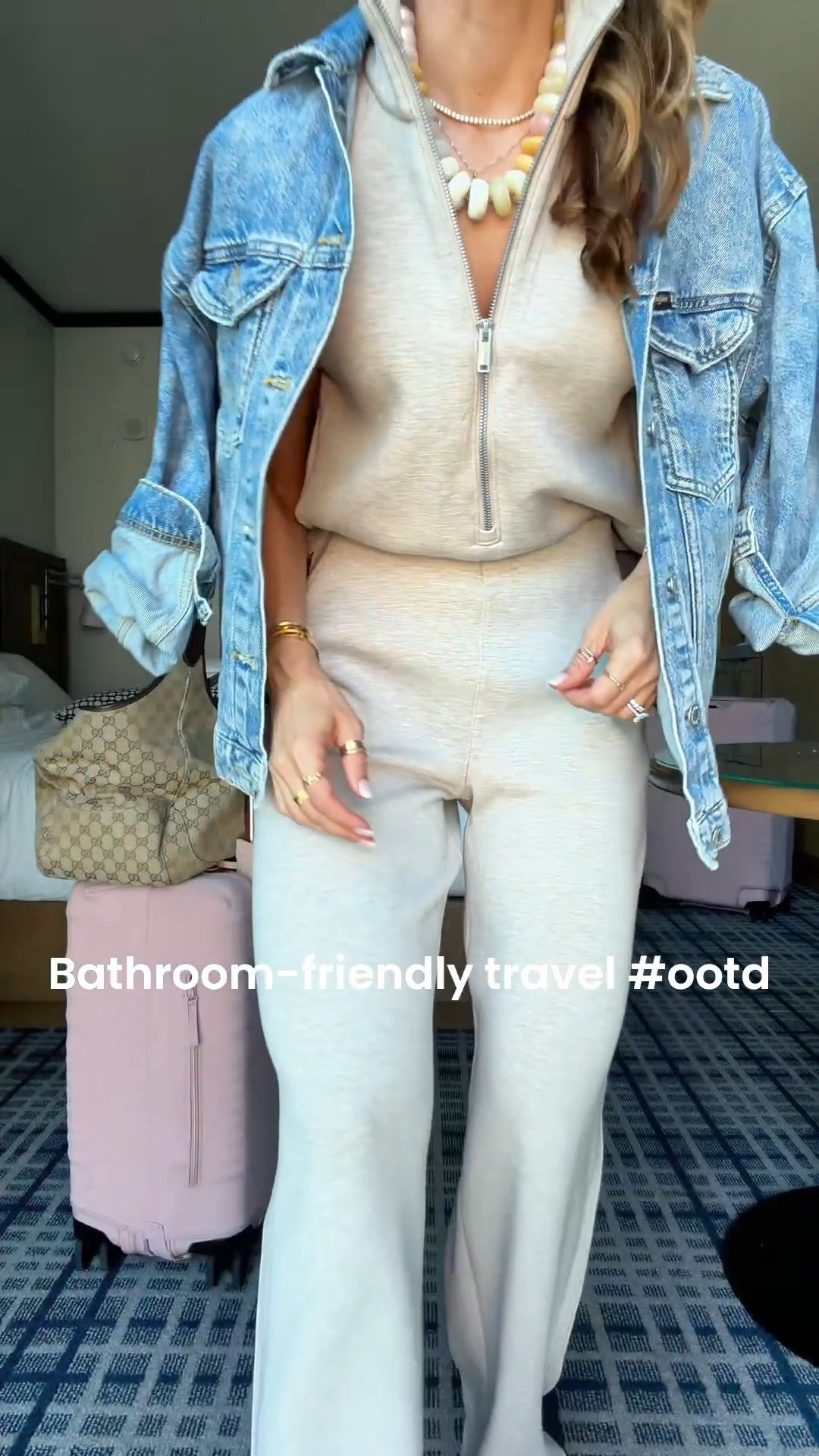 New bathroom, friendly jumpsuits that are currently on sale with code AE25. This is a new style and it fits like a dream. Wearing XS petite. Travel outfit. Airport outfit. Travel necessities. Travel must haves. XS in slouchy denim jacket. Sneakers mules are TTS.

#LTKTravel #LTKgrwm #LTKootd #LTKgrwm #LTKootd #LTKTravel