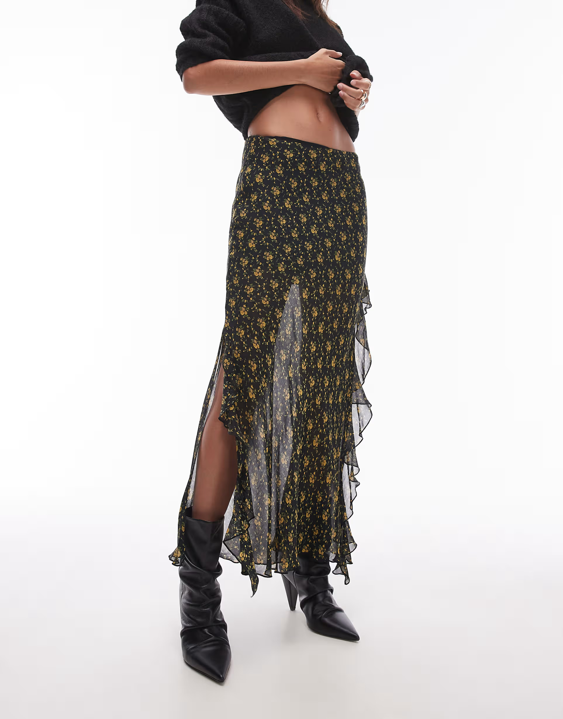 Topshop sheer ruffle maxi skirt in vintage mustard floral | ASOS (Global)