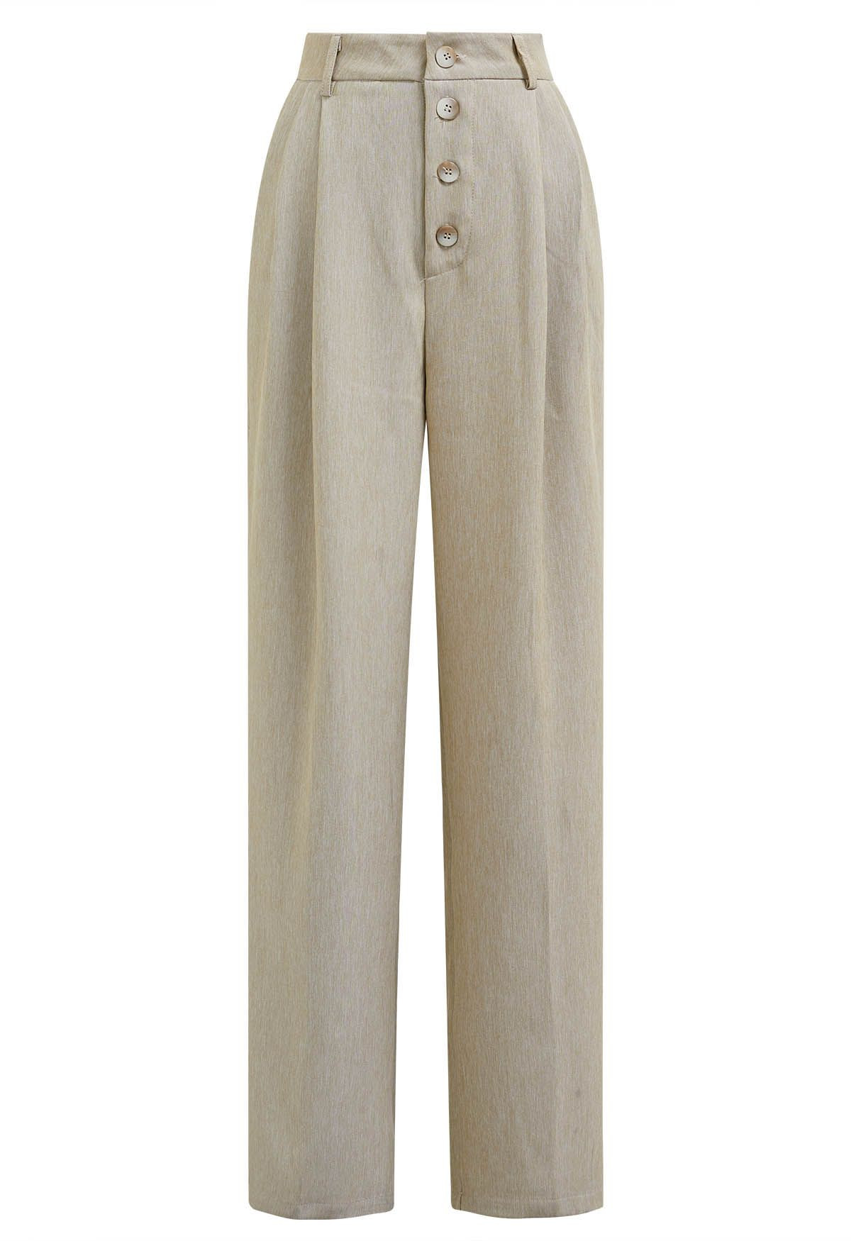 Button Front Pleated Straight-Leg Pants | Chicwish