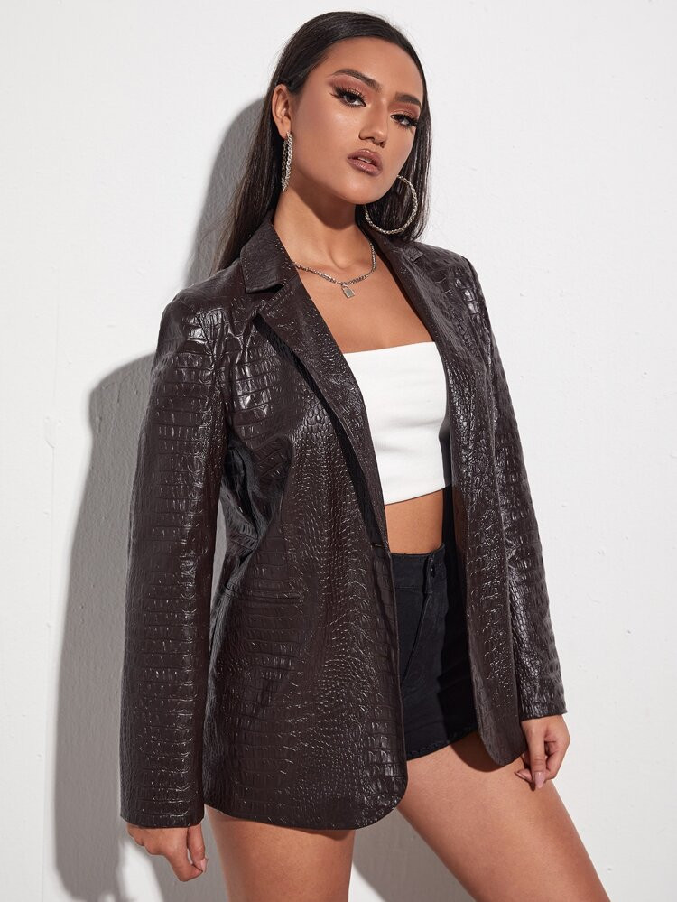 SHEIN Croc Embossed Single Breasted PU Leather Blazer | SHEIN