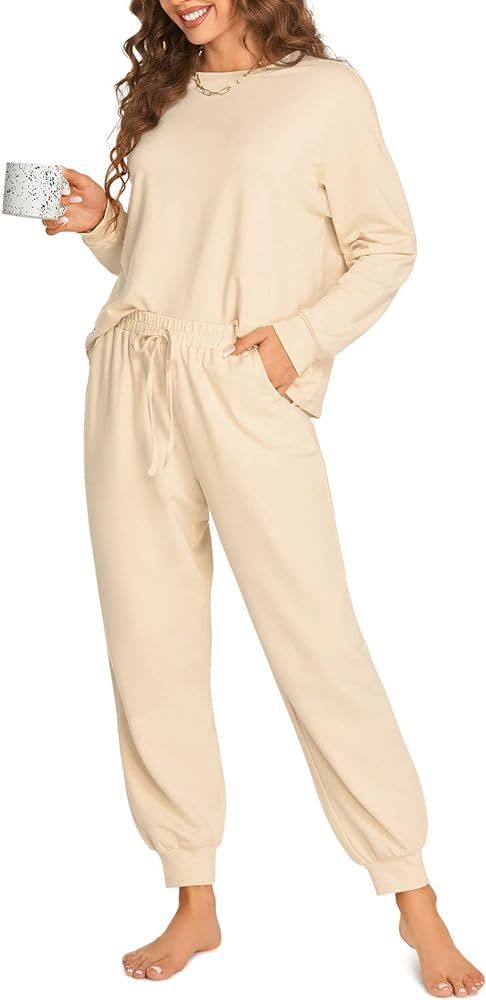DOBREVA Women's Lounge Sets Pajamas Set Soft PJ Long Sleeve Leopard Loungewear Sweatshirt Pants 2 Pi | Amazon (US)