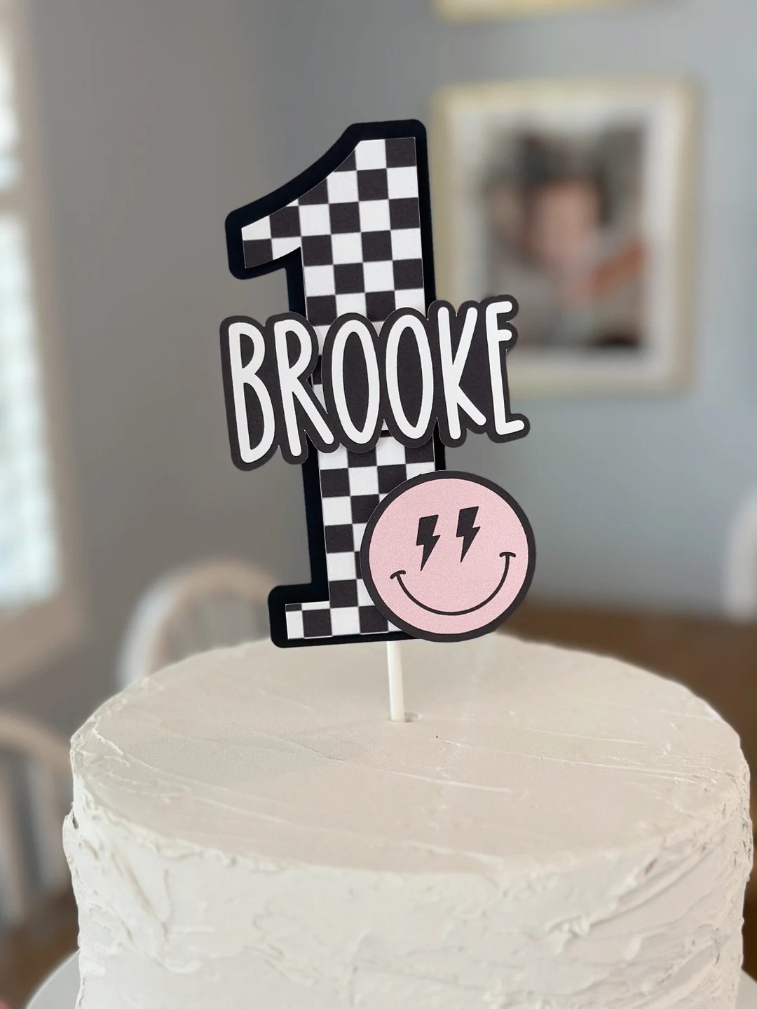 One Happy Babe First Birthday Cake Topper , White , Black, Checkeded Personalized, Smiley Face , ... | Etsy (US)