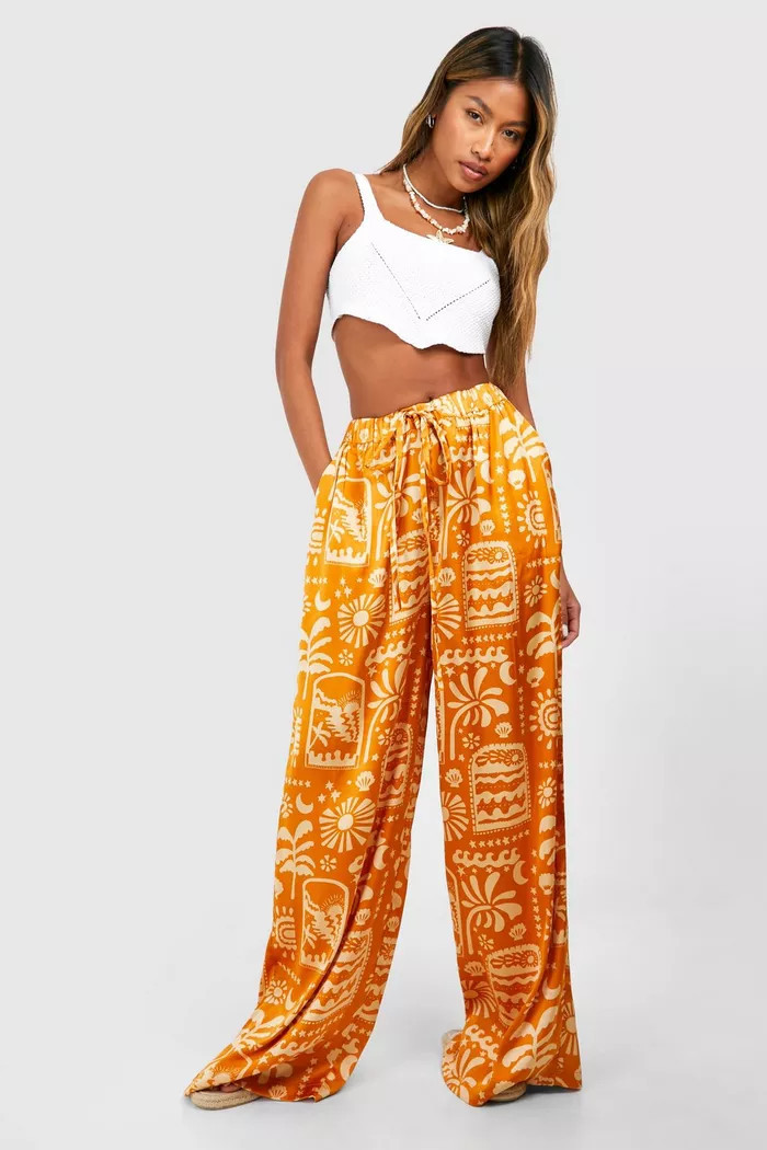 Satin Printed Wide Leg Trouser | Boohoo.com (UK & IE)