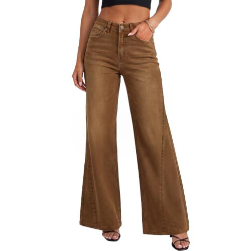 ZESICA Women's Casual Wide Leg High Waisted Baggy Jeans Brown | Amazon (US)