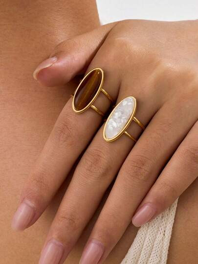 2pcs Stainless Steel Gold Rhombus Open Rings Set With White And Brown Resin Stones, Suitable For ... | SHEIN